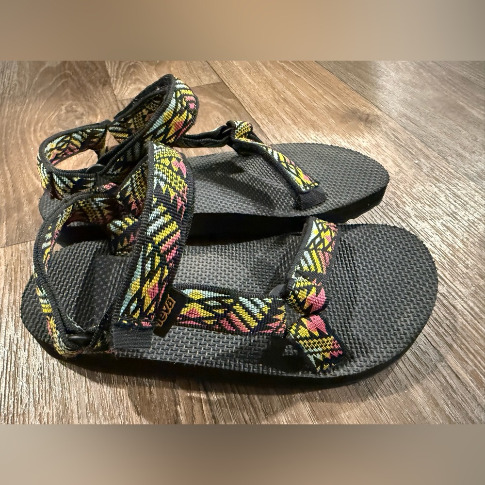 Teva Black Sandals with Yellow and Pink Patterned Straps